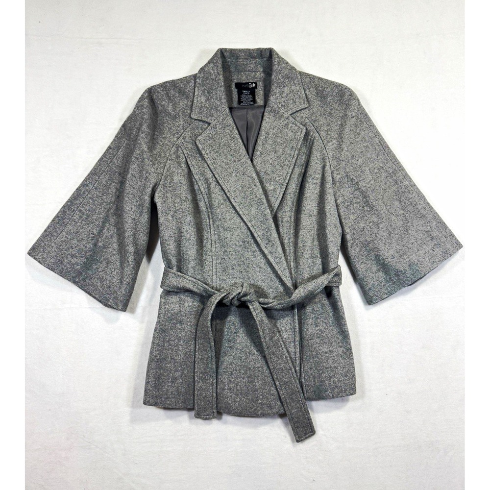 East 5th Gray Wool Blend Wrap Coat Belted Kimono Sleeve Jacket Small